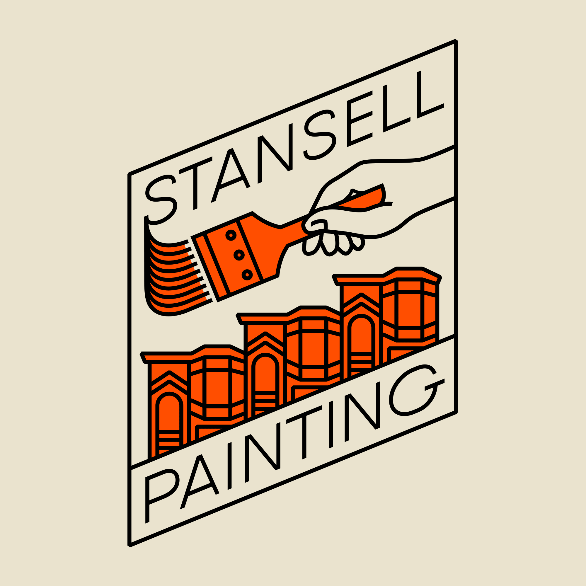 Monoweight illustrated logo for Stansell Painting featuring a hand holding a brush and a row of San Francisco Victorian houses on a hill